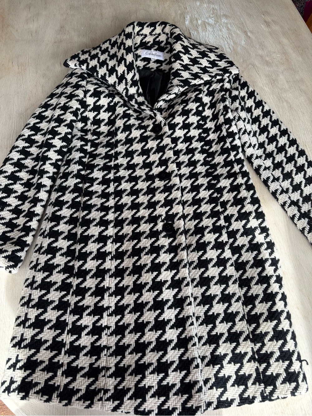 Calvin Klein Black and White Houndstooth Wool Coat